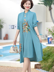 2 Pieces Embroidered Knit Mothers Cheongsam Dress & Top