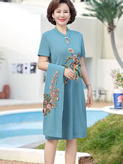 2 Pieces Embroidered Knit Mothers Cheongsam Dress & Top