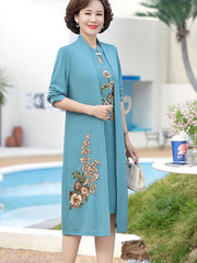 2 Pieces Embroidered Knit Mothers Cheongsam Dress & Top