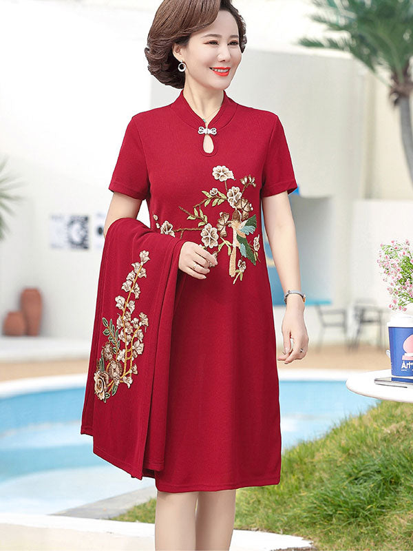 2 Pieces Embroidered Knit Mothers Cheongsam Dress & Top