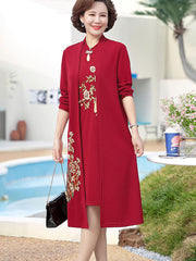 2 Pieces Embroidered Knit Mothers Cheongsam Dress & Top