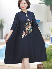 2 Pieces Embroidered Knit Mothers Cheongsam Dress & Top