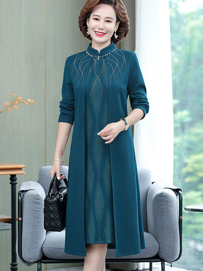 Burgundy Blue Beaded Mothers Winter Cheongsam Qipao Dress