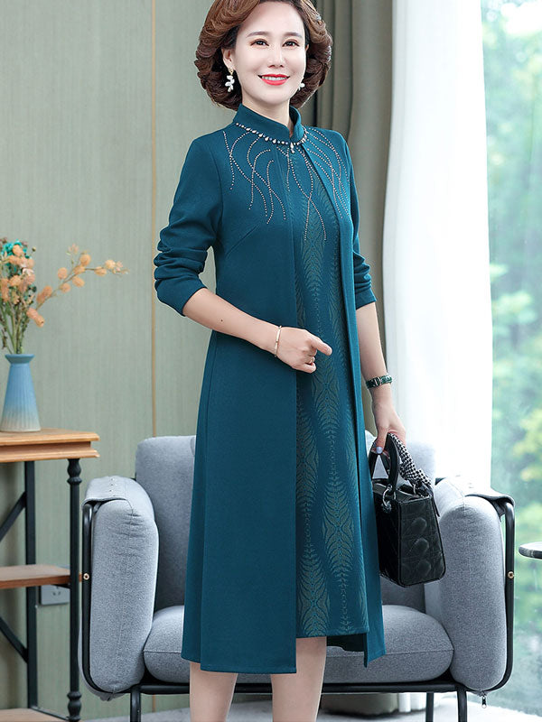 Burgundy Blue Beaded Mothers Winter Cheongsam Qipao Dress