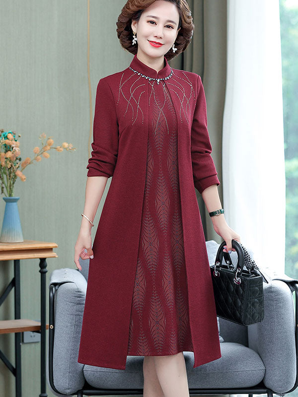 Burgundy Blue Beaded Mothers Winter Cheongsam Qipao Dress