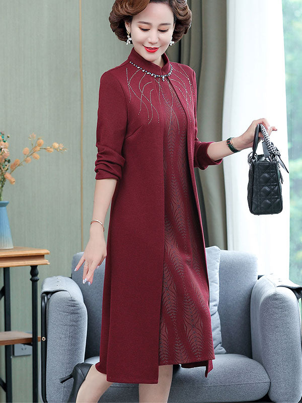 Burgundy Blue Beaded Mothers Winter Cheongsam Qipao Dress