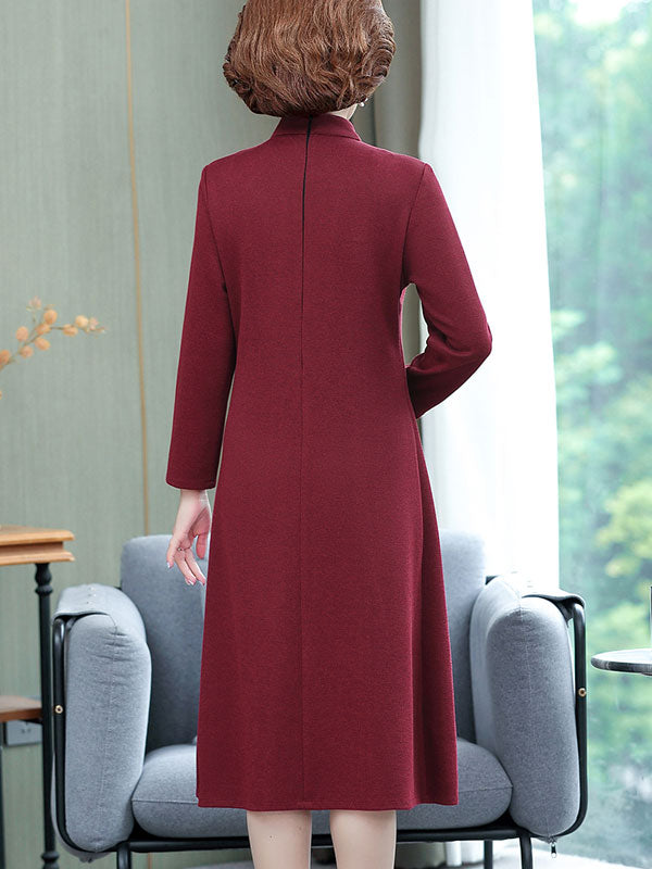 Burgundy Blue Beaded Mothers Winter Cheongsam Qipao Dress