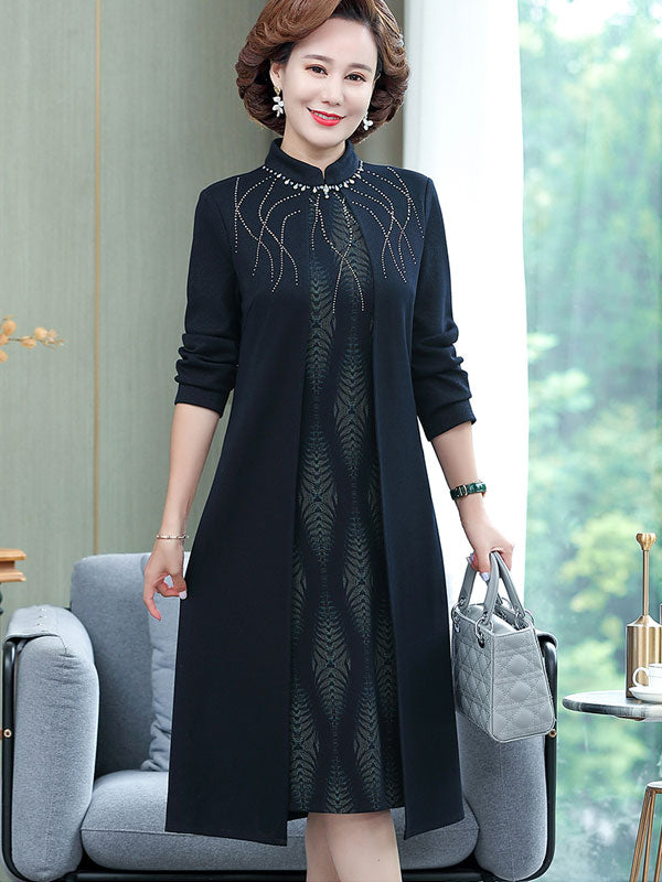 Burgundy Blue Beaded Mothers Winter Cheongsam Qipao Dress