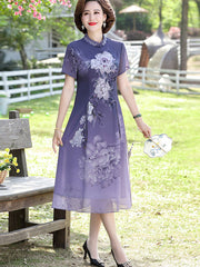 Purple Blue Mothers Floral Midi Qipao Cheongsam Dress