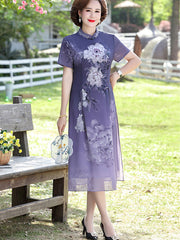 Purple Blue Mothers Floral Midi Qipao Cheongsam Dress