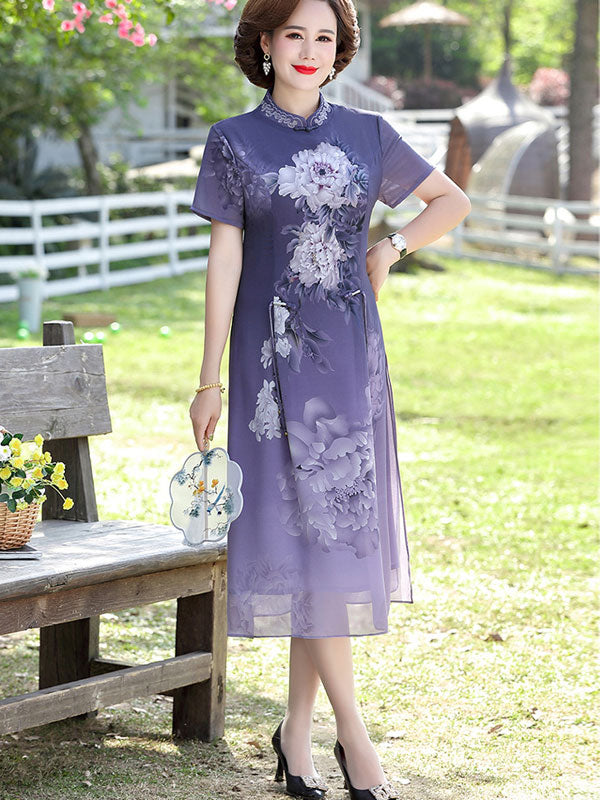 Purple Blue Mothers Floral Midi Qipao Cheongsam Dress