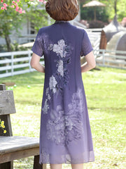 Purple Blue Mothers Floral Midi Qipao Cheongsam Dress