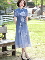 Purple Blue Mothers Floral Midi Qipao Cheongsam Dress