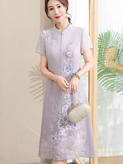 Purple Green Mothers Floral Qipao Cheongsam Dress