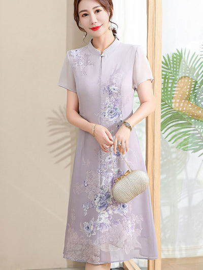 Purple Green Mothers Floral Qipao Cheongsam Dress