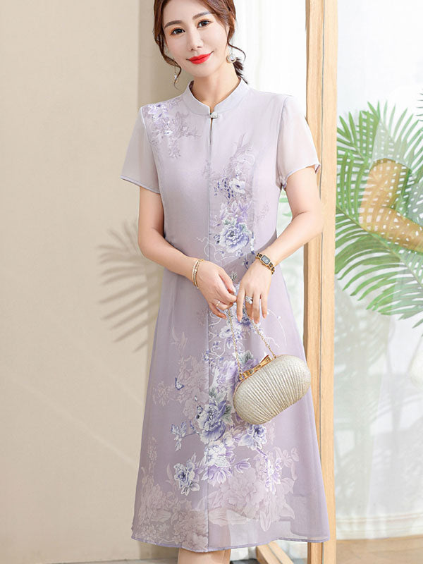 Purple Green Mothers Floral Qipao Cheongsam Dress