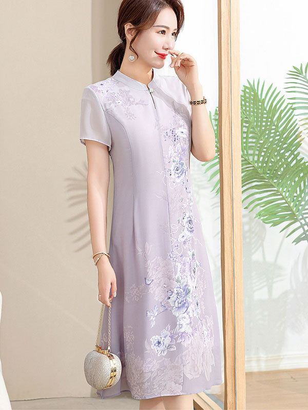 Purple Green Mothers Floral Qipao Cheongsam Dress