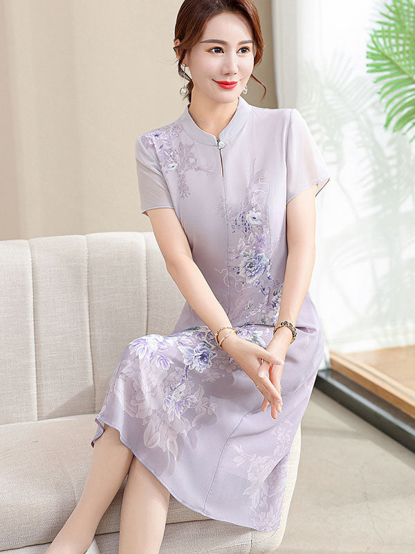 Purple Green Mothers Floral Qipao Cheongsam Dress