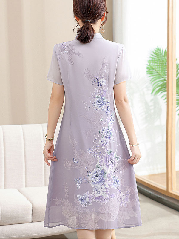 Purple Green Mothers Floral Qipao Cheongsam Dress