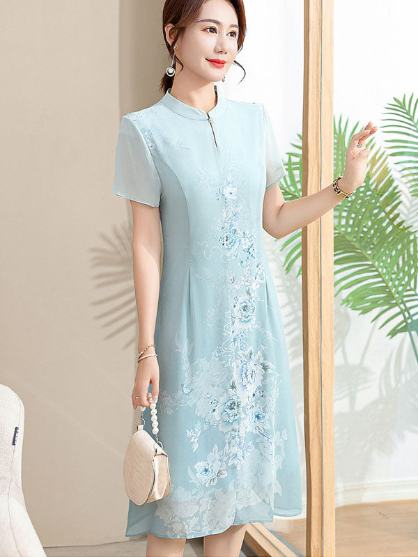 Purple Green Mothers Floral Qipao Cheongsam Dress