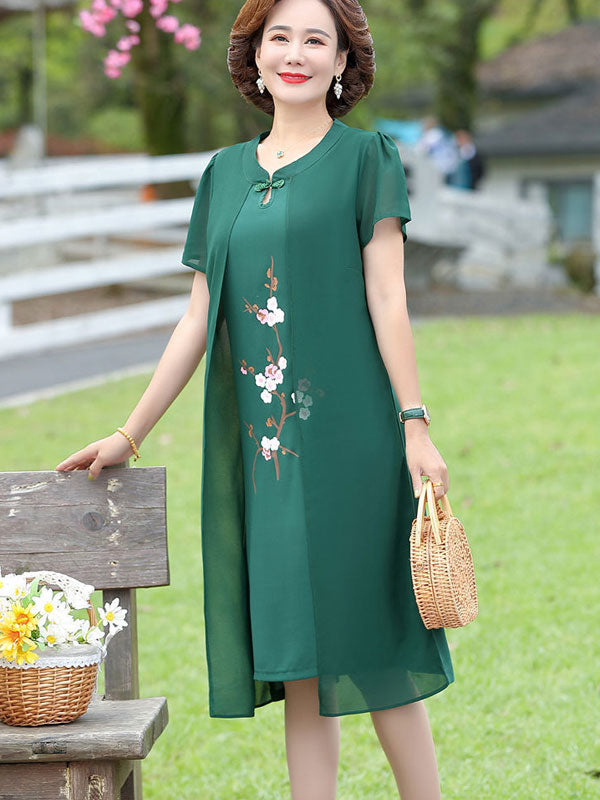 Green Blue Mothers Floral Qipao Cheongsam Dress