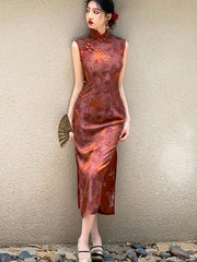 Red Jacquard Floral Long Cheongsam Qipao Dress