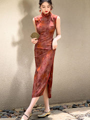 Red Jacquard Floral Long Cheongsam Qipao Dress