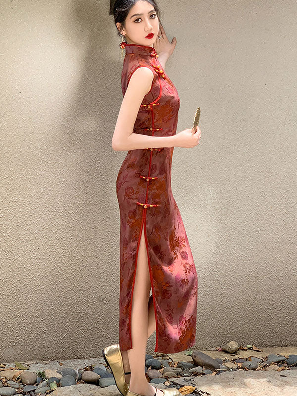 Red Jacquard Floral Long Cheongsam Qipao Dress