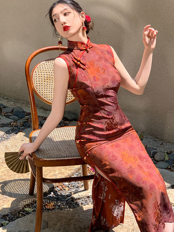 Red Jacquard Floral Long Cheongsam Qipao Dress