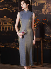 Gray Floral Shimmery Long Cheongsam Qipao Dress