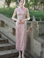 Pink Jacquard Floral Sleeveless Long Cheongsam Qipao Dress