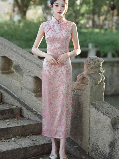 Pink Jacquard Floral Sleeveless Long Cheongsam Qipao Dress