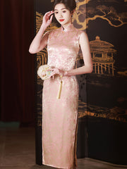 Pink Floral Sleeveless Long Cheongsam Qipao Dress