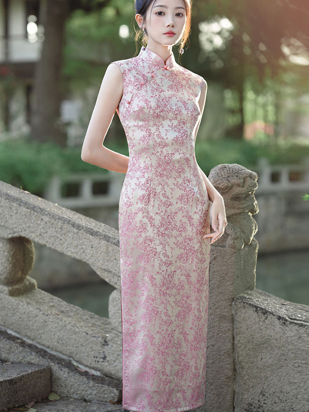 Pink Jacquard Floral Sleeveless Long Cheongsam Qipao Dress