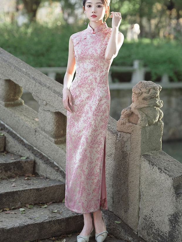 Pink Jacquard Floral Sleeveless Long Cheongsam Qipao Dress
