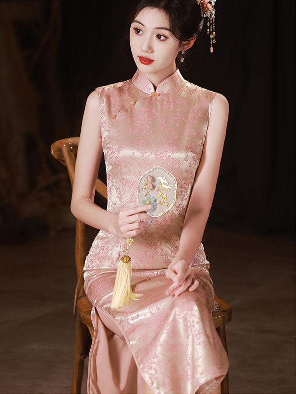 Pink Floral Sleeveless Long Cheongsam Qipao Dress