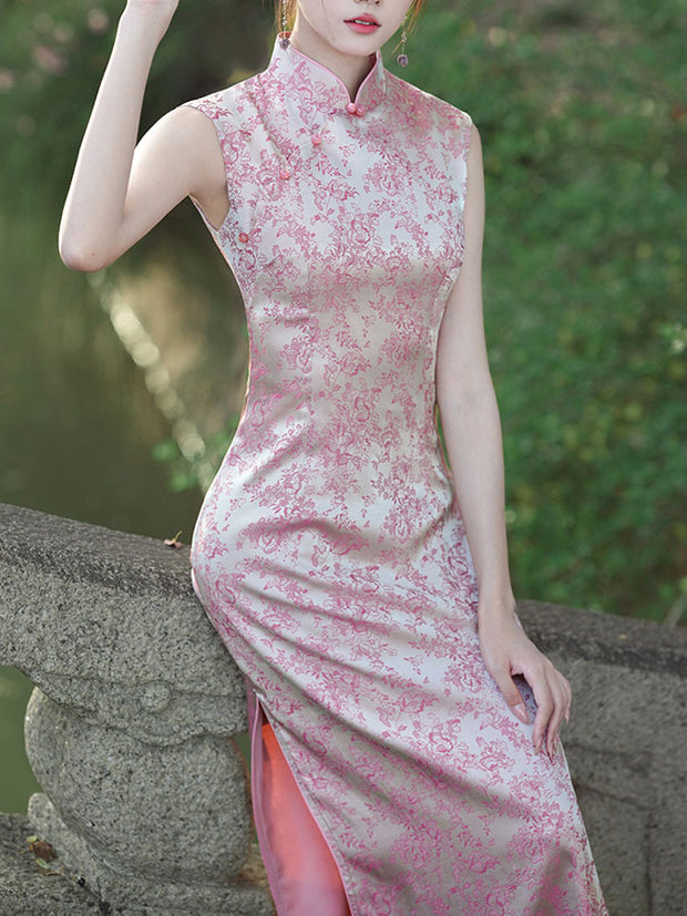 Pink Jacquard Floral Sleeveless Long Cheongsam Qipao Dress