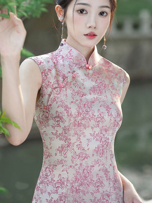 Pink Jacquard Floral Sleeveless Long Cheongsam Qipao Dress