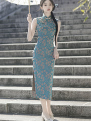 Blue Floral Sleeveless Cheongsam Qipao Dress