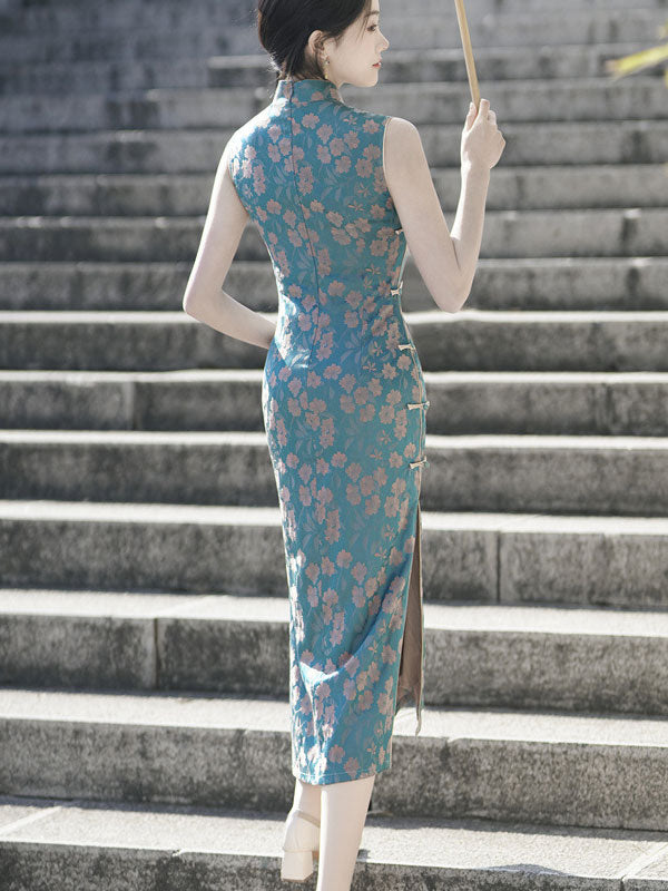 Blue Floral Sleeveless Cheongsam Qipao Dress