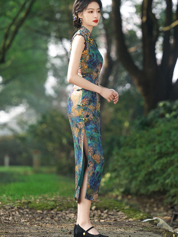 Green Floral Print Cheongsam Qipao Dress