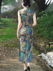 Green Floral Print Cheongsam Qipao Dress