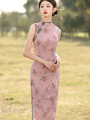 Pink Floral Sleeveless Cheongsam Qipao Dress