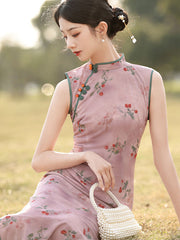 Pink Floral Sleeveless Cheongsam Qipao Dress