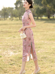 Pink Floral Sleeveless Cheongsam Qipao Dress