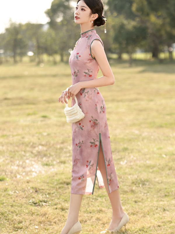 Pink Floral Sleeveless Cheongsam Qipao Dress