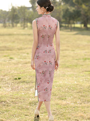 Pink Floral Sleeveless Cheongsam Qipao Dress