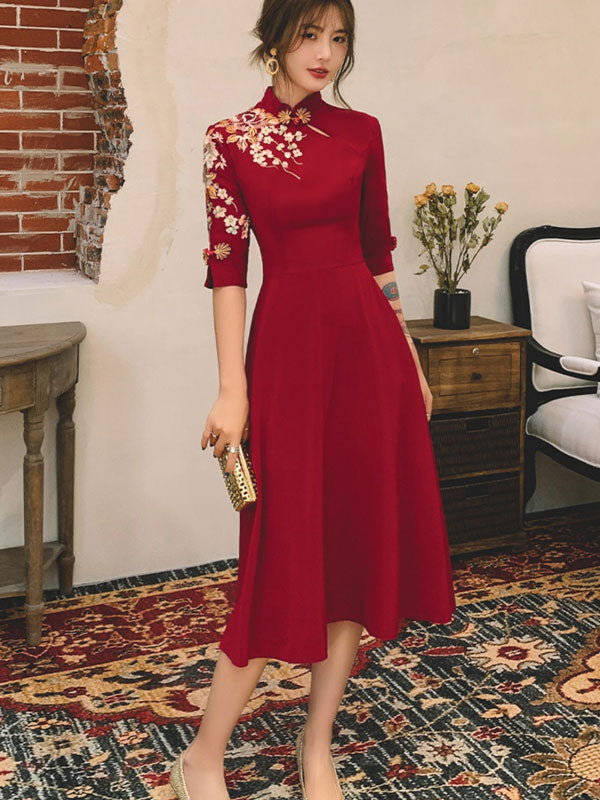 Burgundy Appliques Floral A-Line Midi Cheongsam QiPao Dress