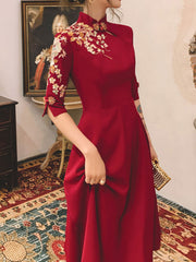 Burgundy Appliques Floral A-Line Midi Cheongsam QiPao Dress