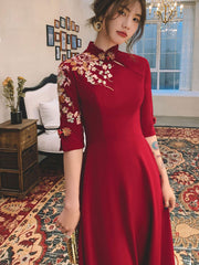 Burgundy Appliques Floral A-Line Midi Cheongsam QiPao Dress